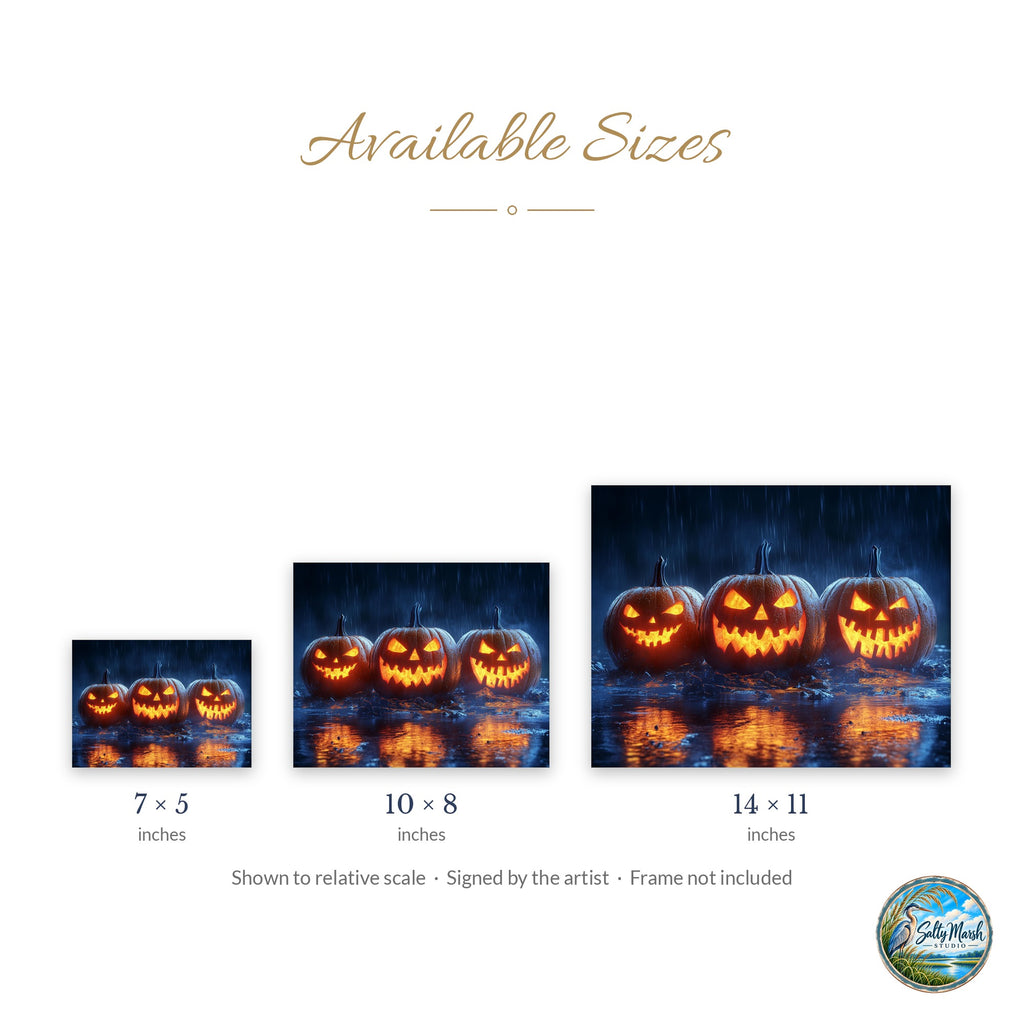 Rainy Jack-o-Lanterns art print size guide: 5x7, 8x10 and 11x14