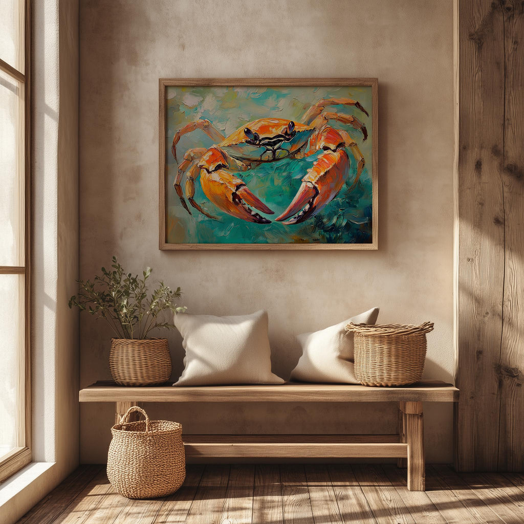 Orange Crab animal art print shown in a room setting