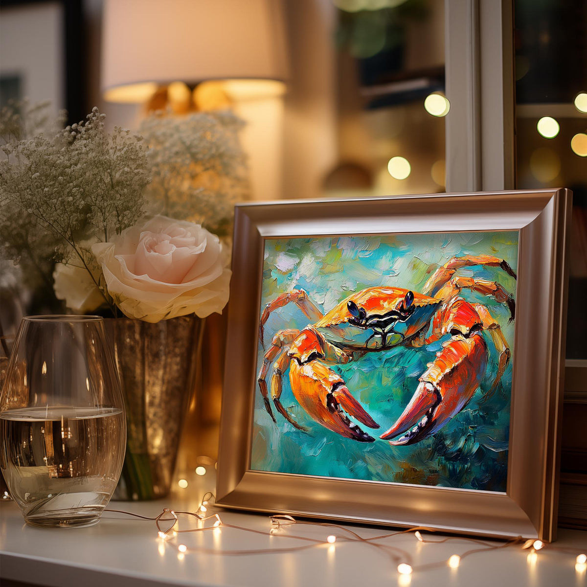 Orange Crab animal art print shown in a room setting