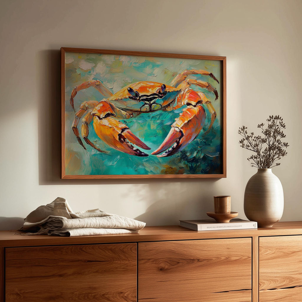 Orange Crab animal art print shown in a room setting