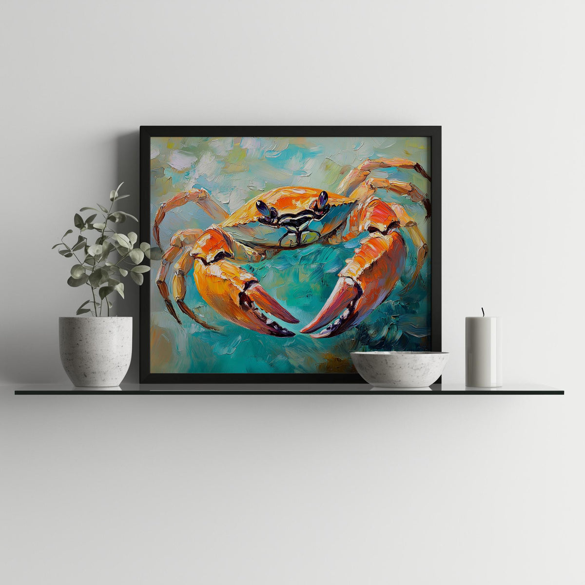 Orange Crab animal art print shown in a room setting
