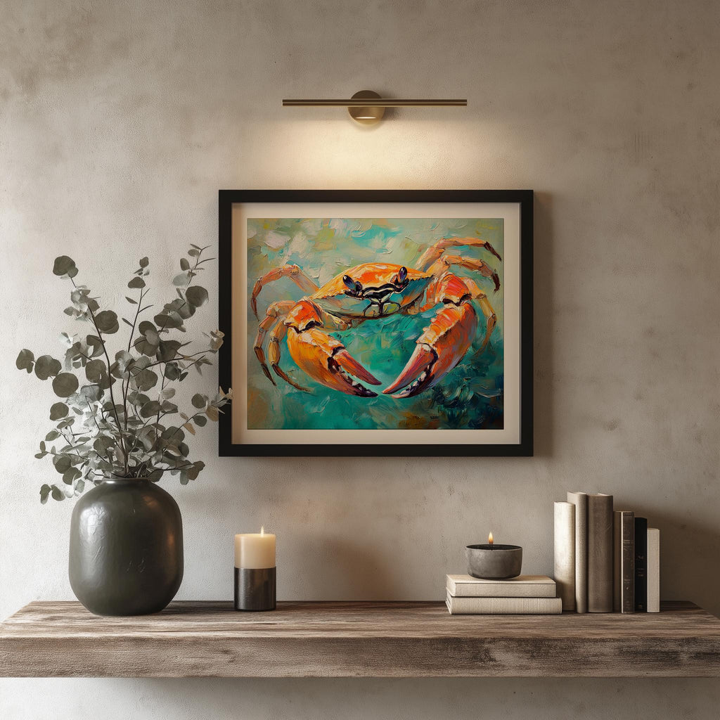 Orange Crab animal art print shown in a room setting
