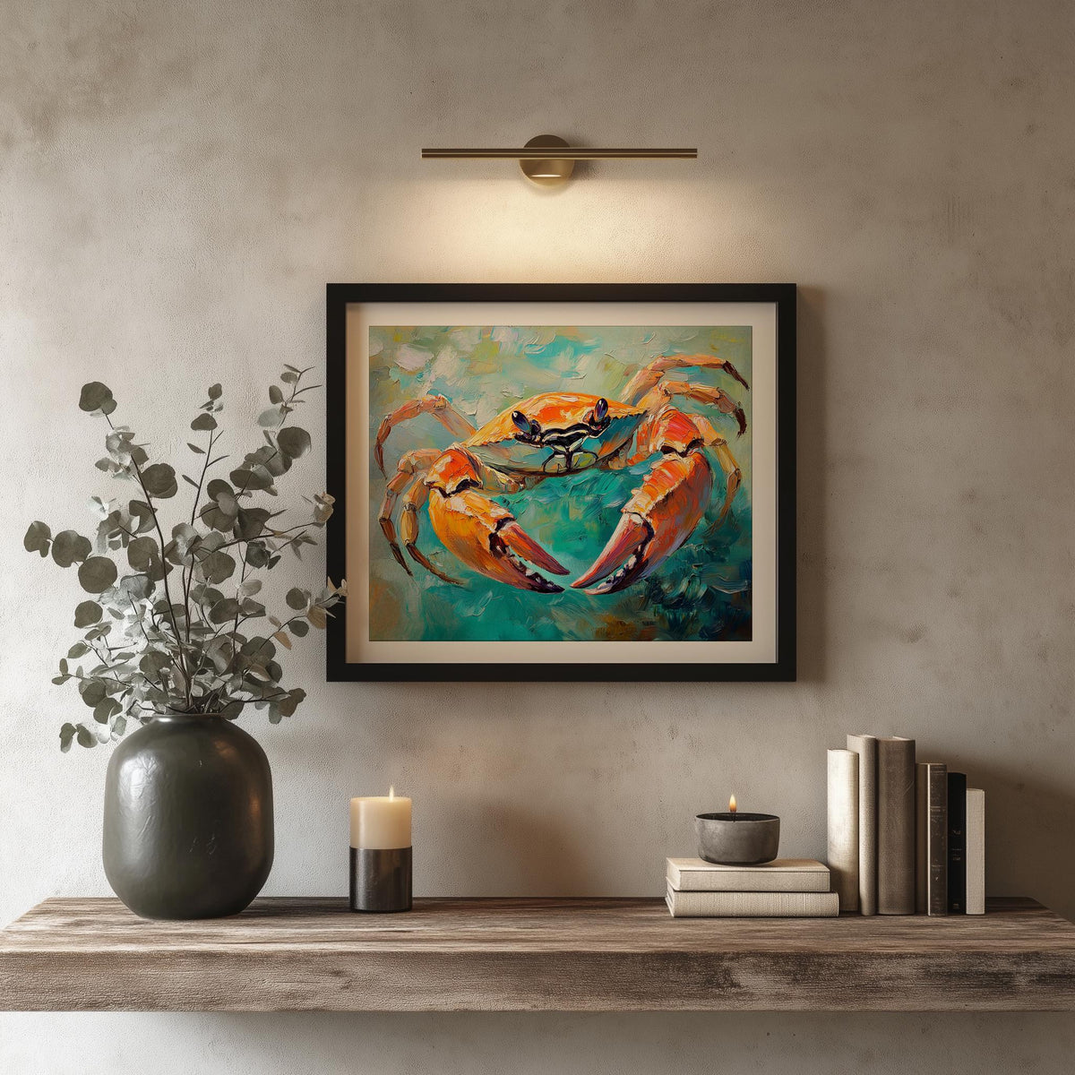 Orange Crab animal art print shown in a room setting