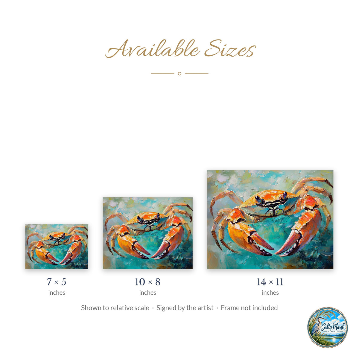 Orange Crab art print size guide: 5x7, 8x10 and 11x14