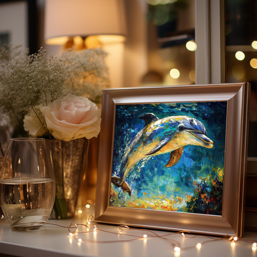 Leaping Dolphin animal art print shown in a room setting