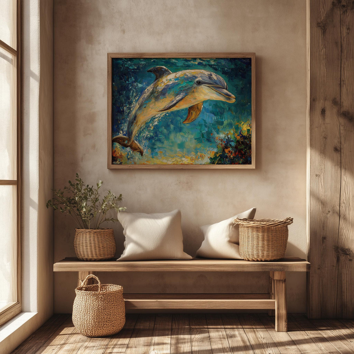 Leaping Dolphin animal art print shown in a room setting