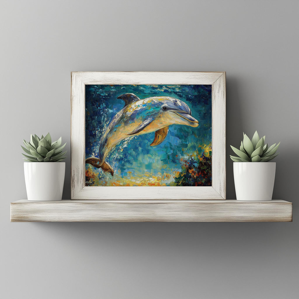 Leaping Dolphin animal art print shown in a room setting