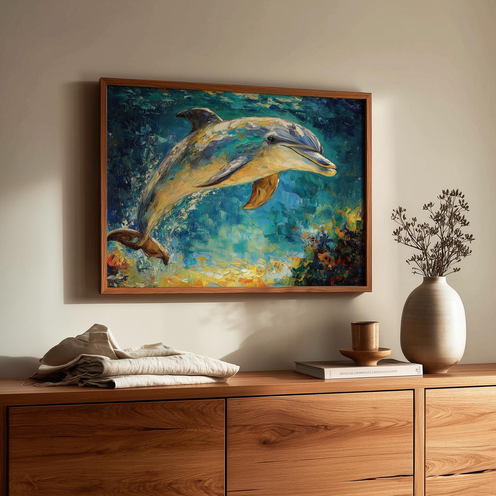 Leaping Dolphin animal art print shown in a room setting