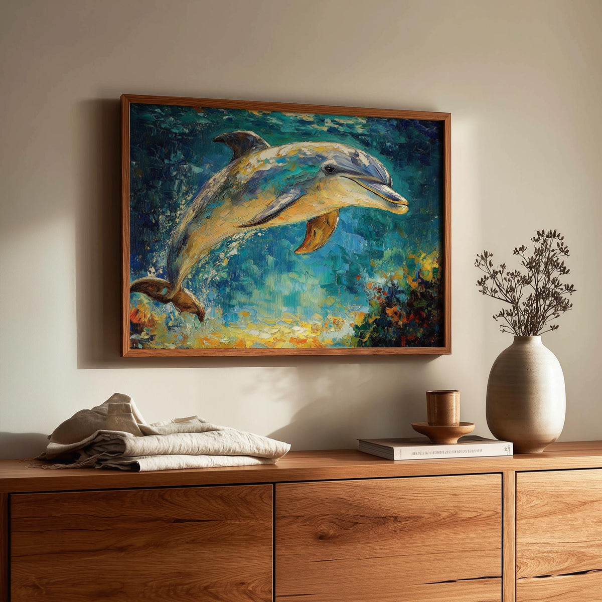 Leaping Dolphin animal art print shown in a room setting