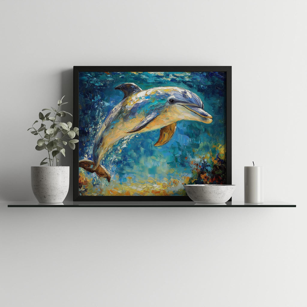 Leaping Dolphin animal art print shown in a room setting