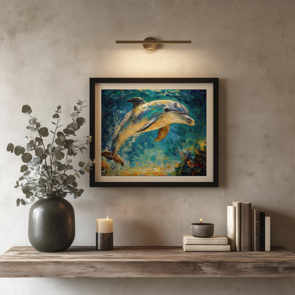 Leaping Dolphin animal art print shown in a room setting