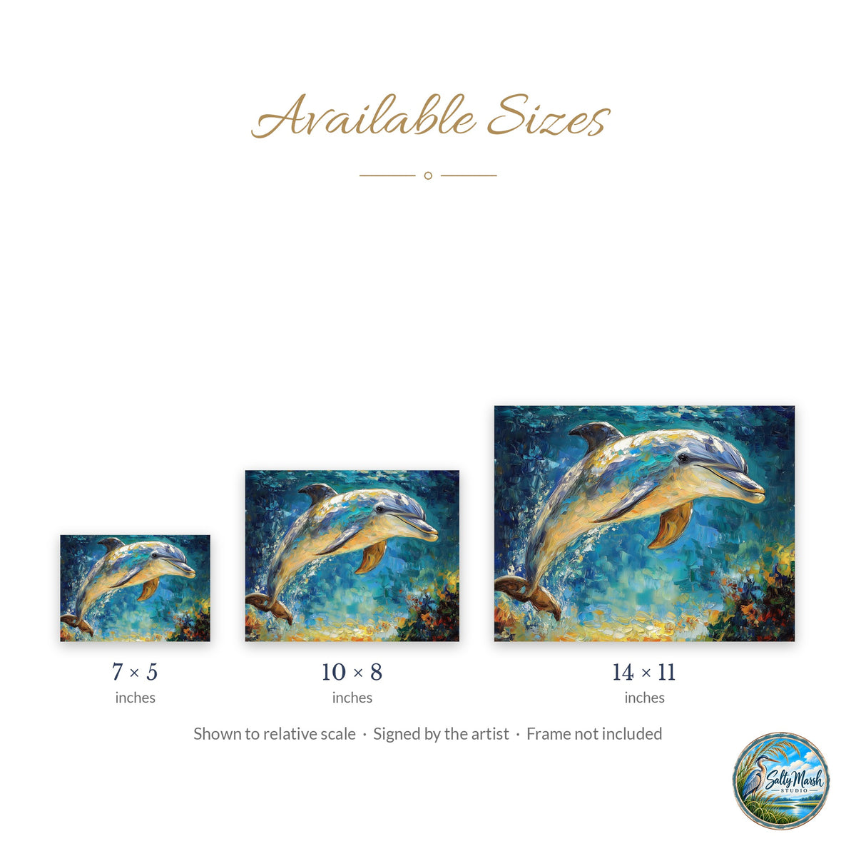 Leaping Dolphin art print size guide: 5x7, 8x10 and 11x14