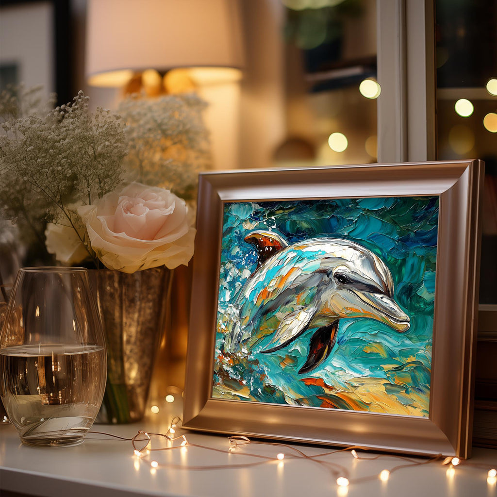 Turquoise Dolphin animal art print shown in a room setting