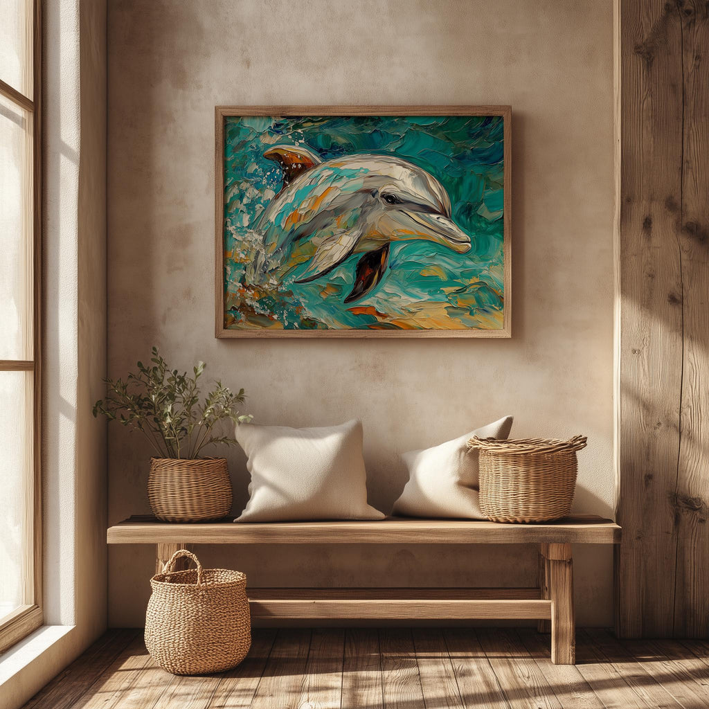Turquoise Dolphin animal art print shown in a room setting