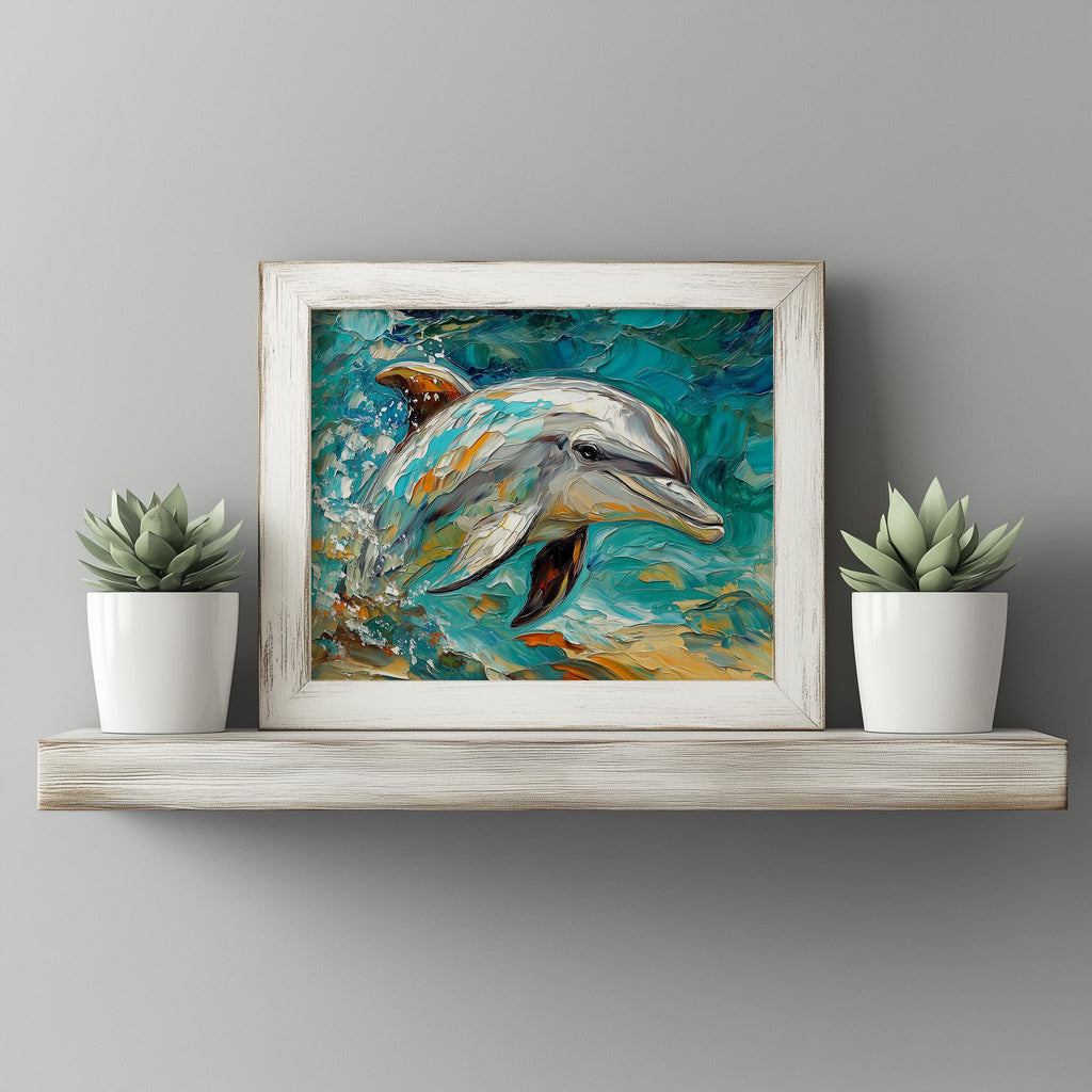 Turquoise Dolphin animal art print shown in a room setting