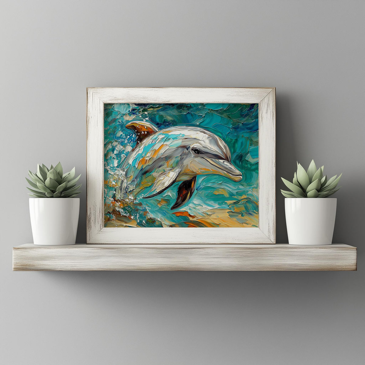 Turquoise Dolphin animal art print shown in a room setting