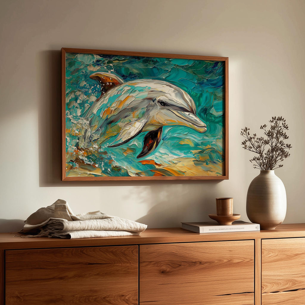 Turquoise Dolphin animal art print shown in a room setting
