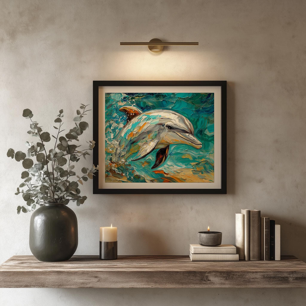 Turquoise Dolphin animal art print shown in a room setting