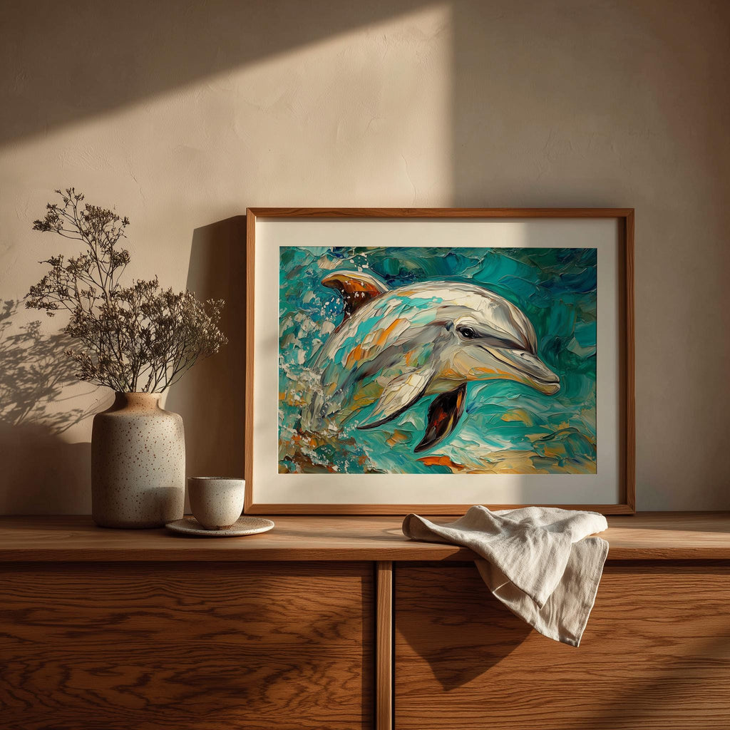 Turquoise Dolphin animal art print shown in a room setting