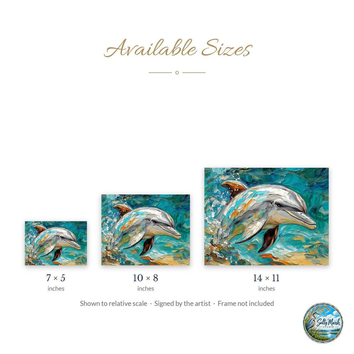 Turquoise Dolphin art print size guide: 5x7, 8x10 and 11x14