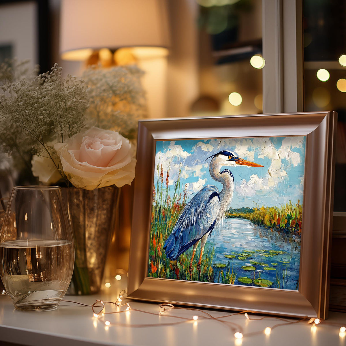 Great Blue Heron animal art print shown in a room setting
