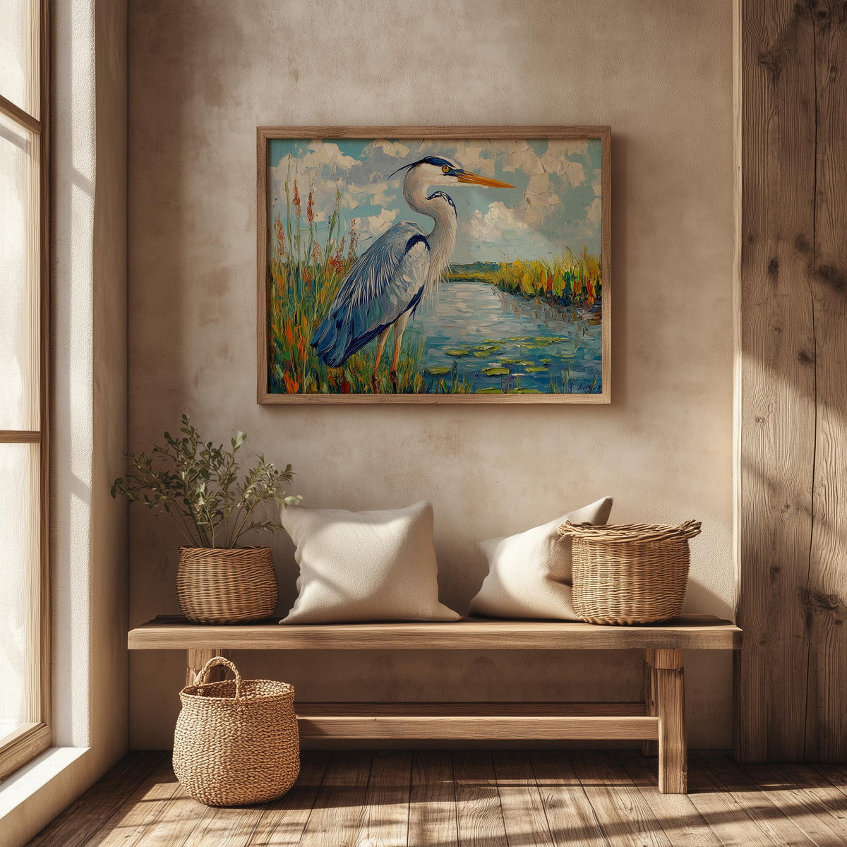 Great Blue Heron animal art print shown in a room setting