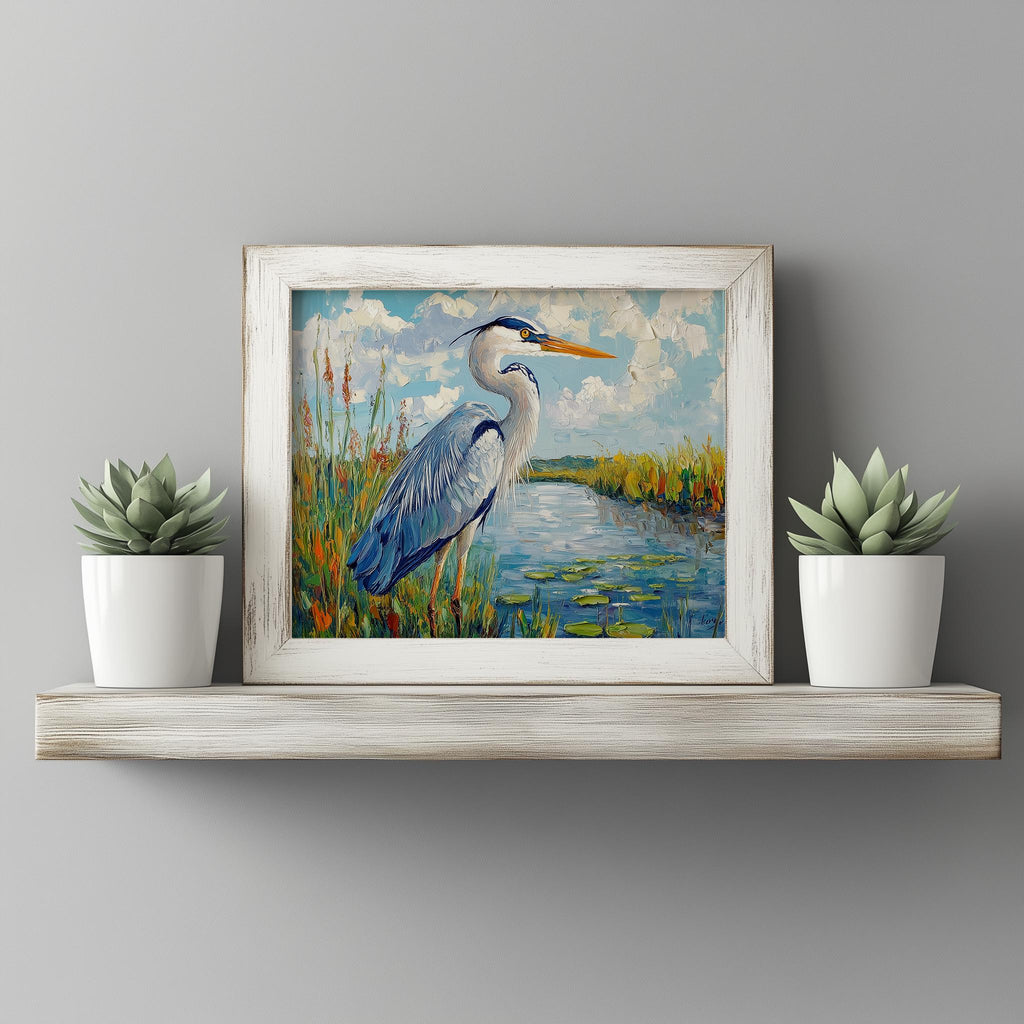 Great Blue Heron animal art print shown in a room setting