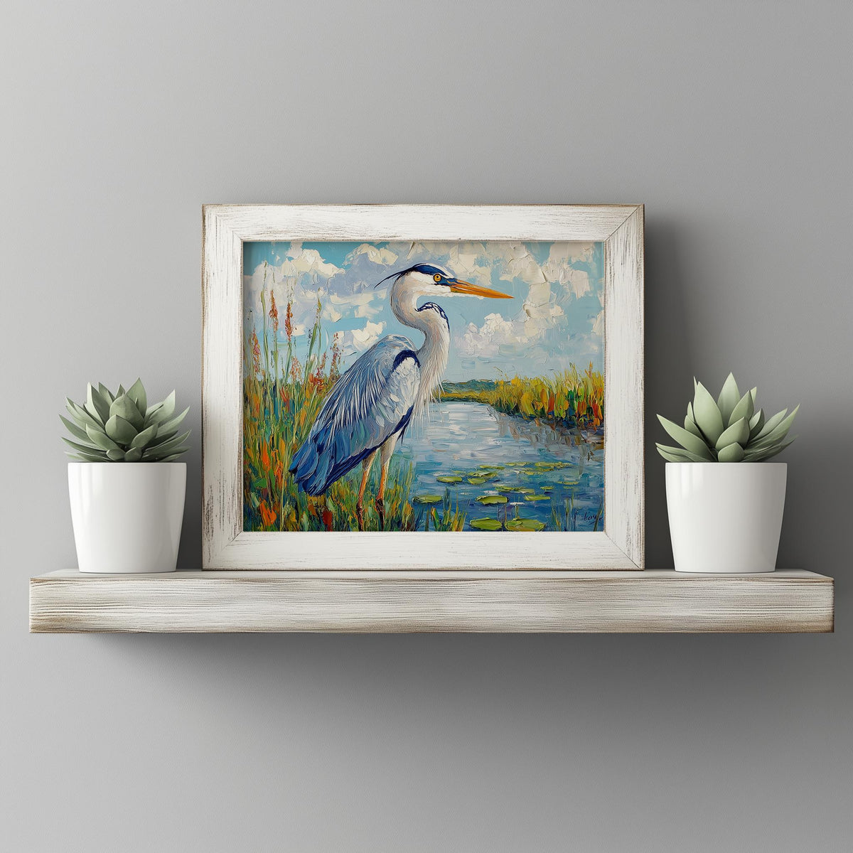 Great Blue Heron animal art print shown in a room setting