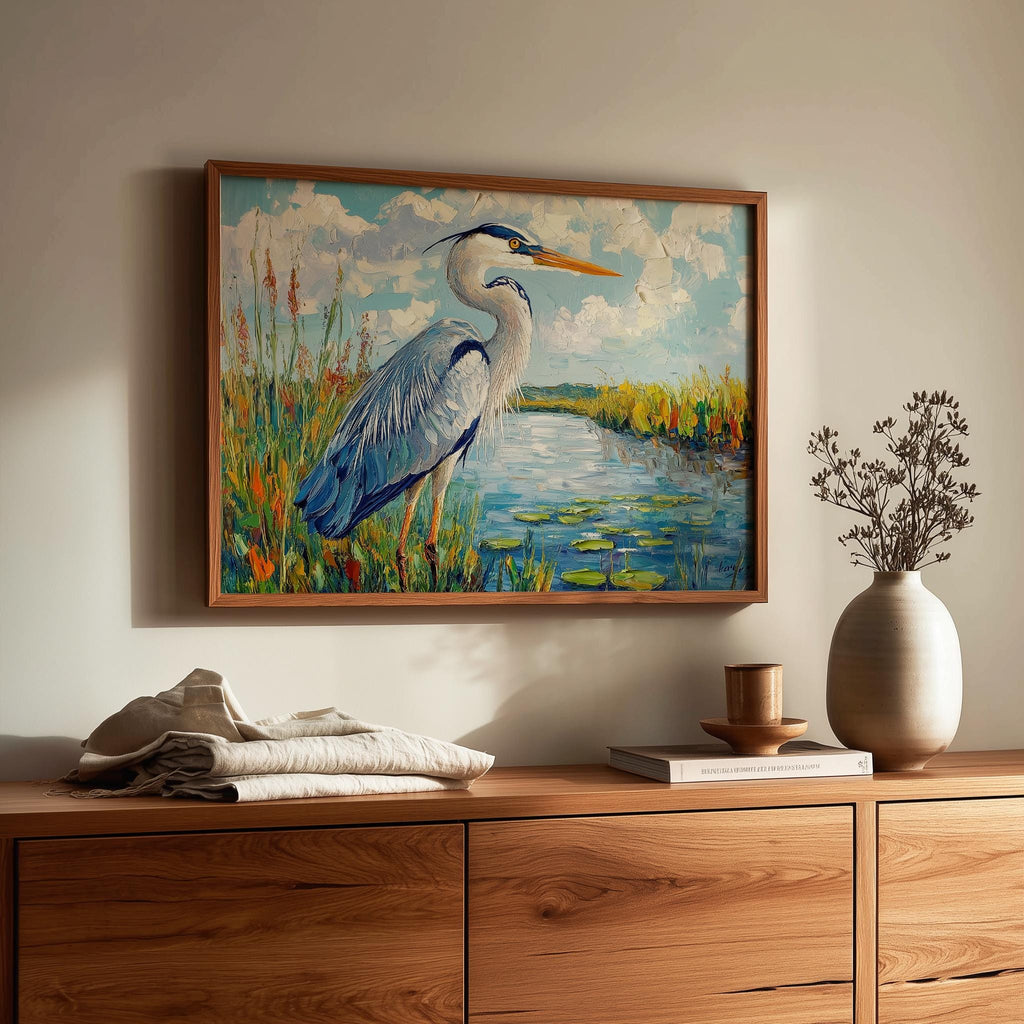 Great Blue Heron animal art print shown in a room setting
