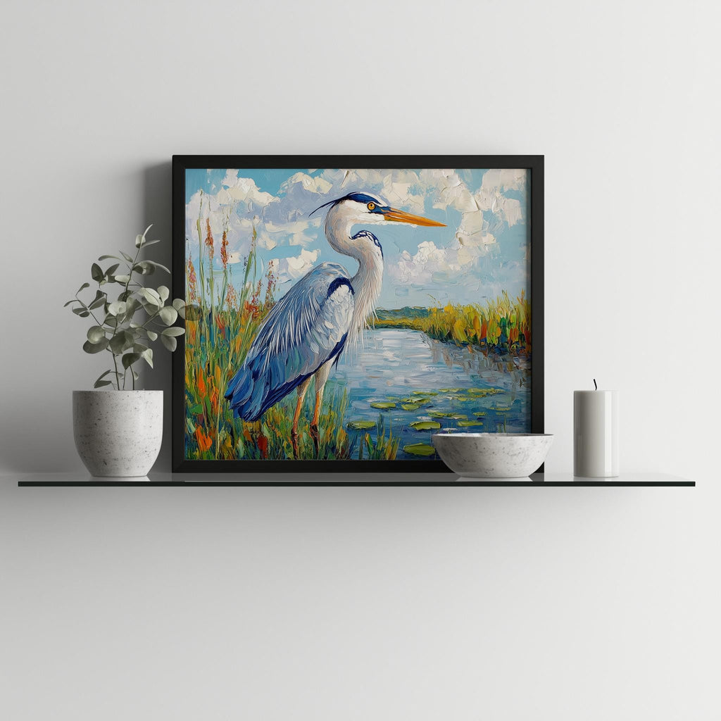 Great Blue Heron animal art print shown in a room setting