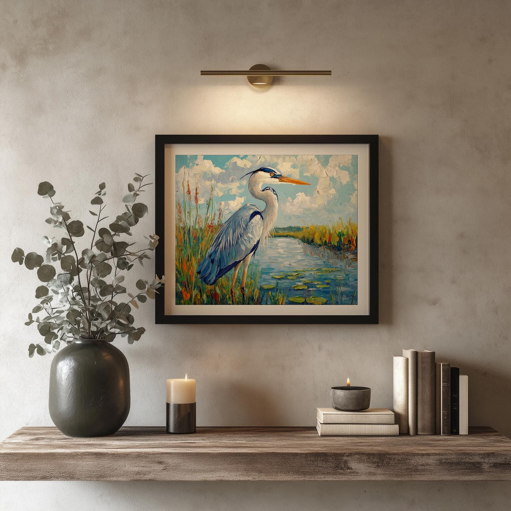 Great Blue Heron animal art print shown in a room setting