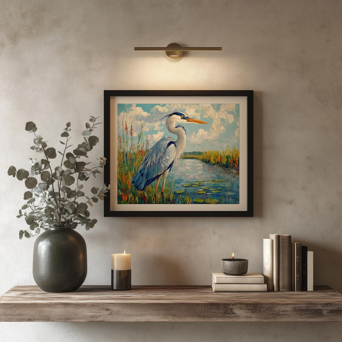 Great Blue Heron animal art print shown in a room setting