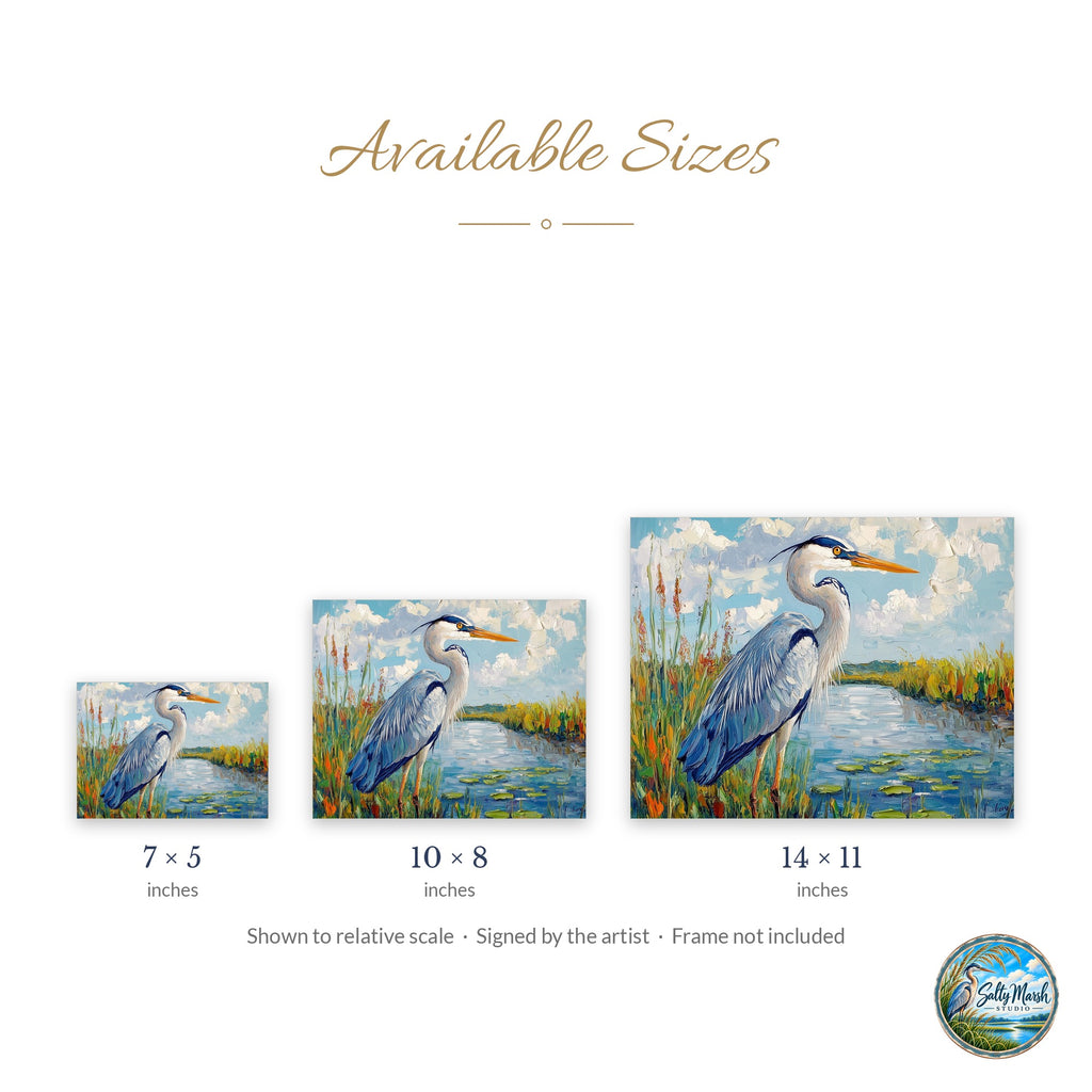 Great Blue Heron art print size guide: 5x7, 8x10 and 11x14