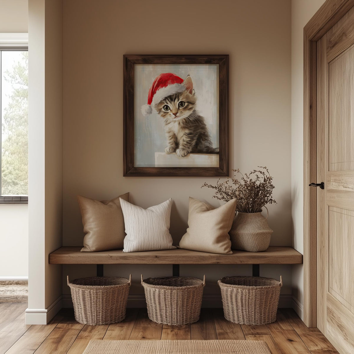 Tabby Kitten Christmas art print shown in a room setting