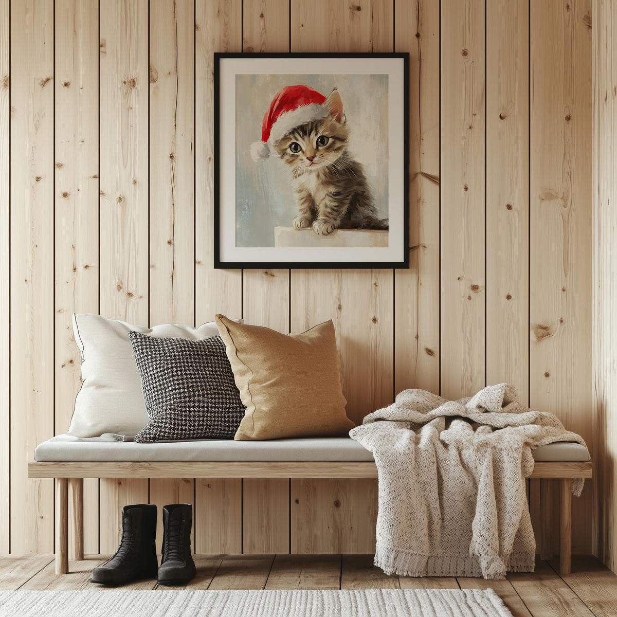 Tabby Kitten Christmas art print shown in a room setting