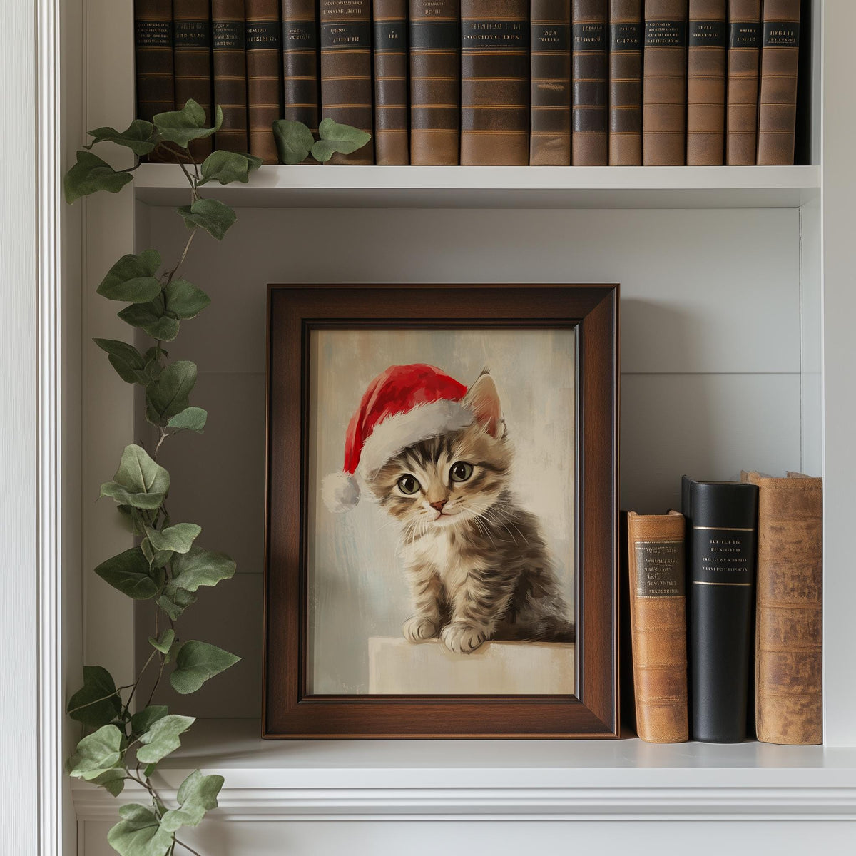 Tabby Kitten Christmas art print shown in a room setting