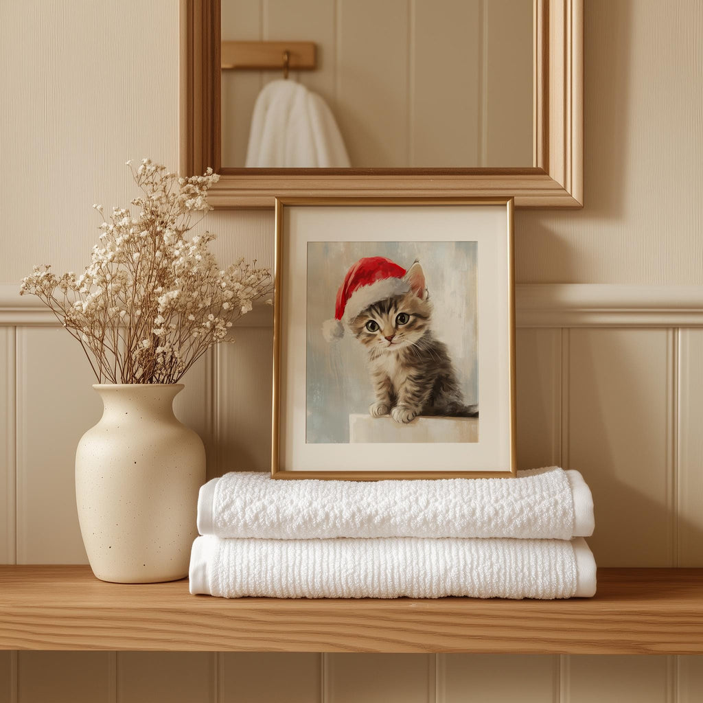 Tabby Kitten Christmas art print shown in a room setting