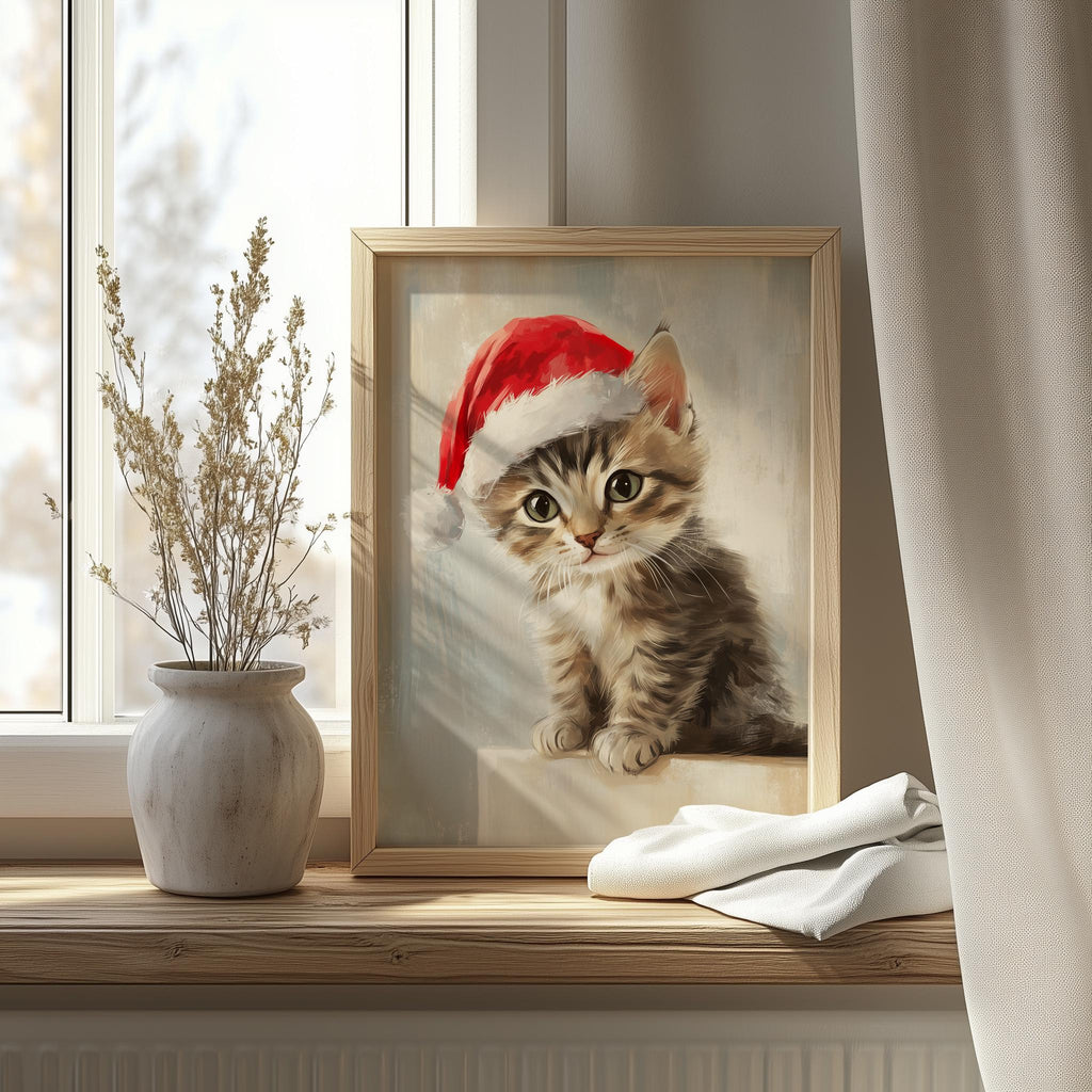 Tabby Kitten Christmas art print shown in a room setting