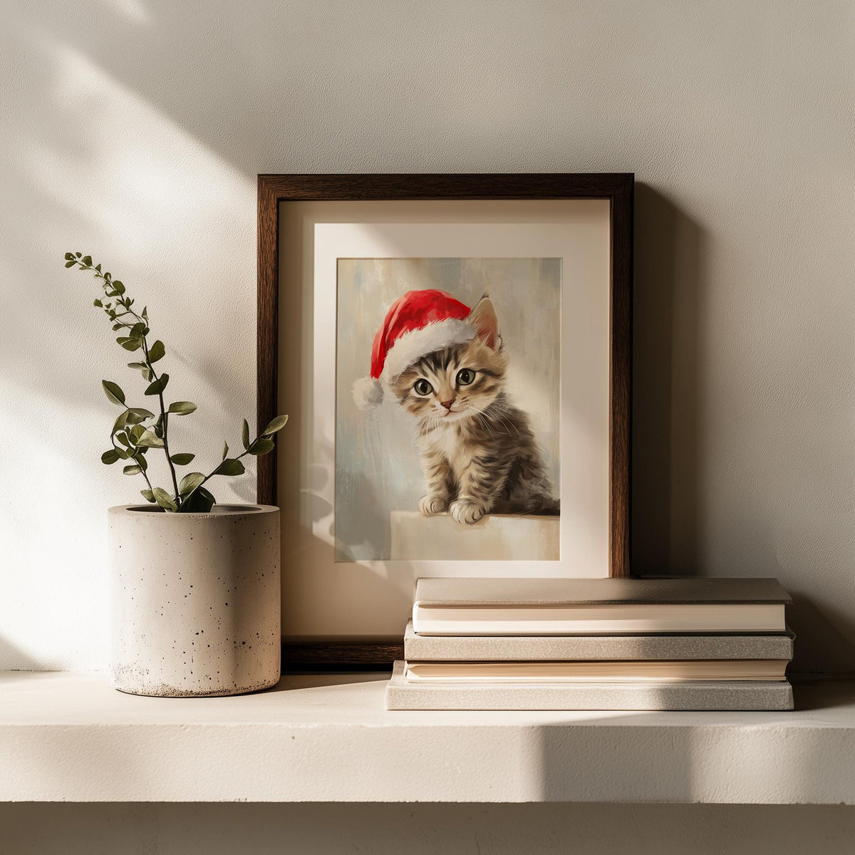 Tabby Kitten Christmas art print shown in a room setting