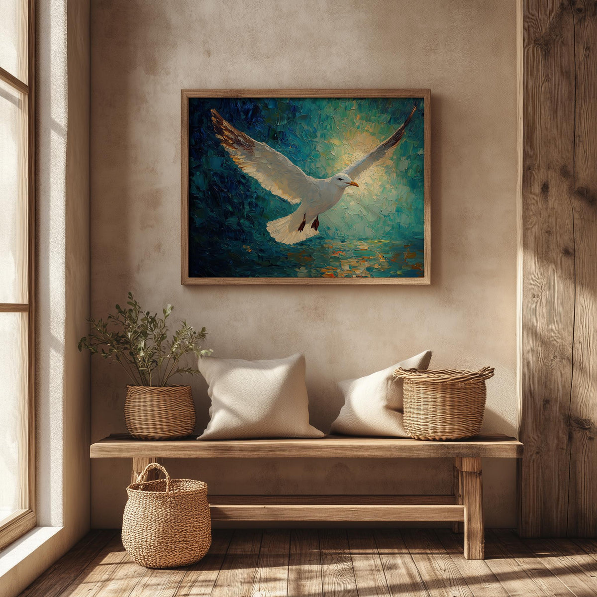 Seagull Flight animal art print shown in a room setting