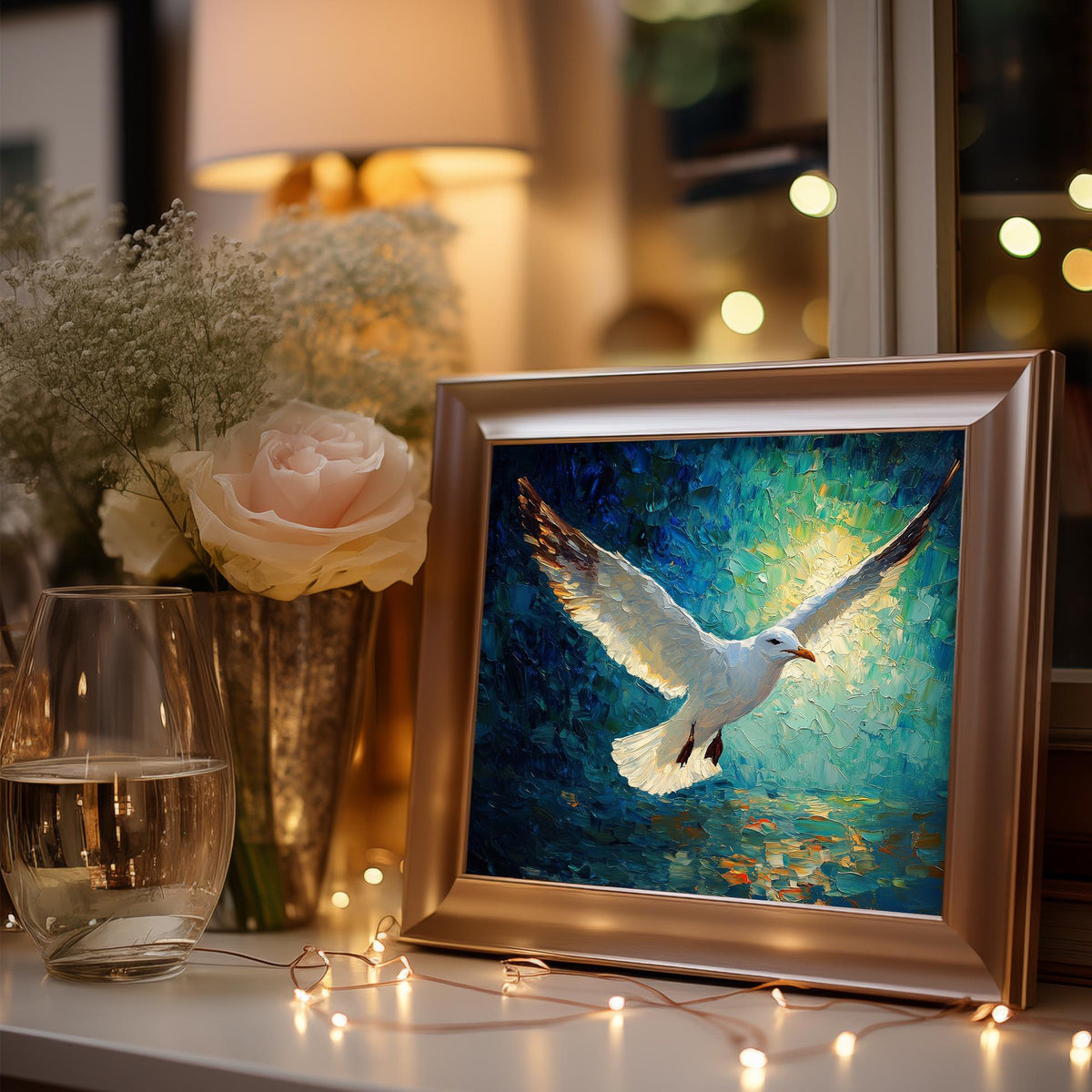 Seagull Flight animal art print shown in a room setting