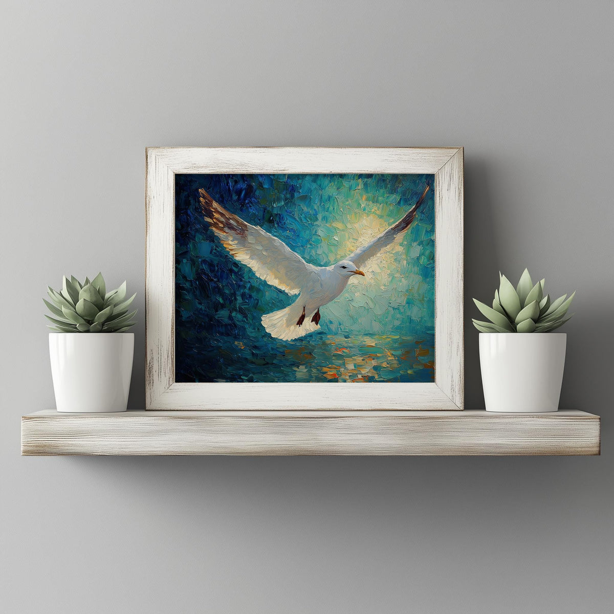 Seagull Flight animal art print shown in a room setting