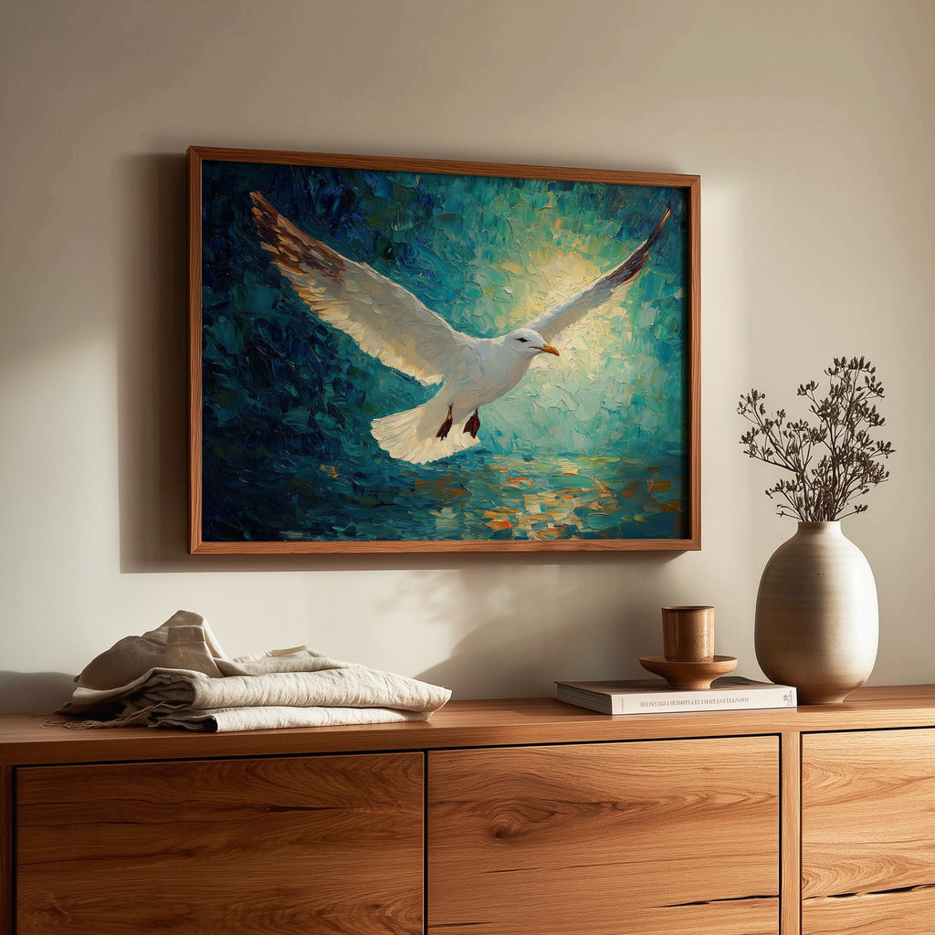 Seagull Flight animal art print shown in a room setting