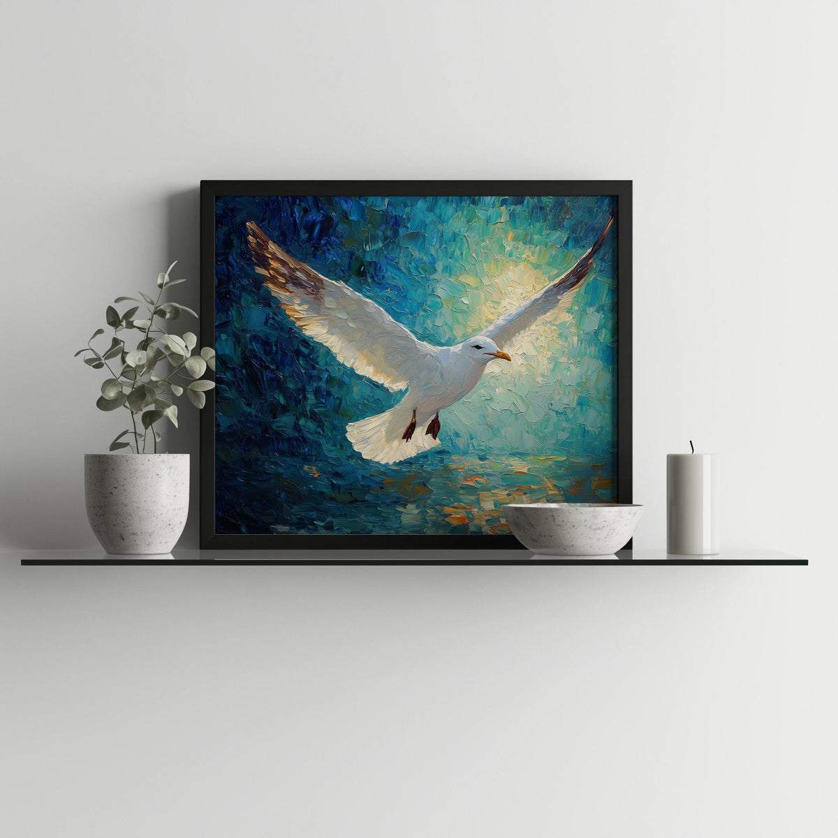 Seagull Flight animal art print shown in a room setting