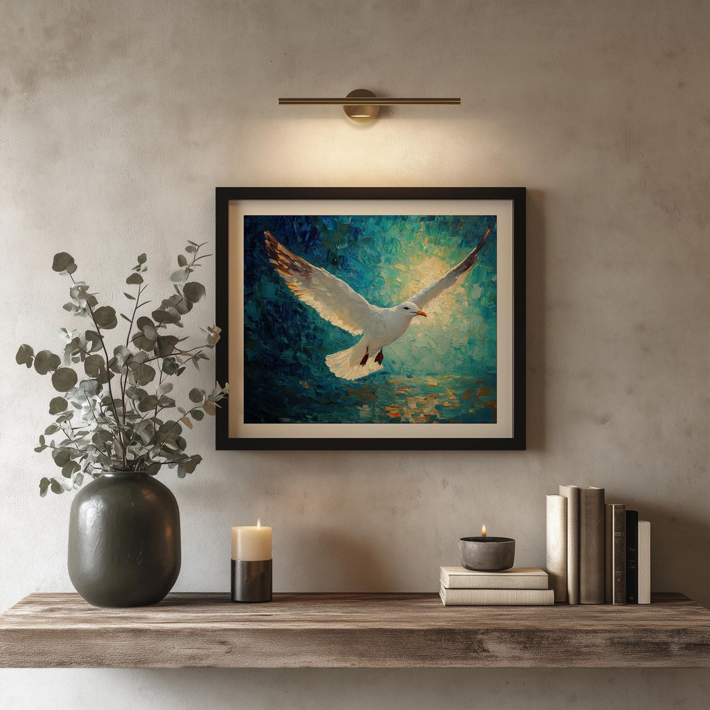 Seagull Flight animal art print shown in a room setting