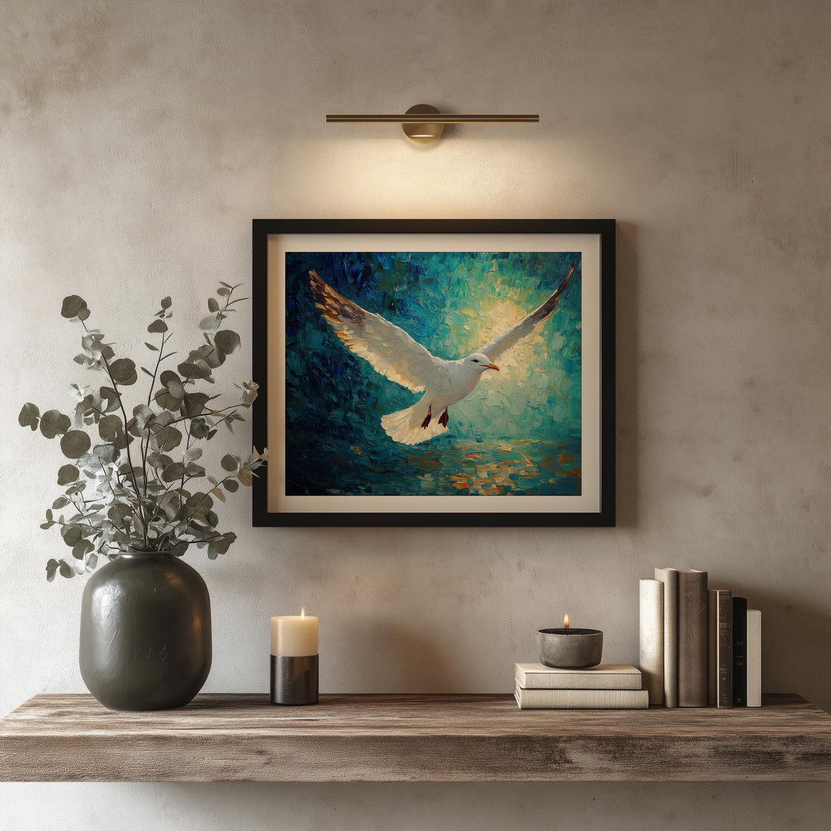Seagull Flight animal art print shown in a room setting