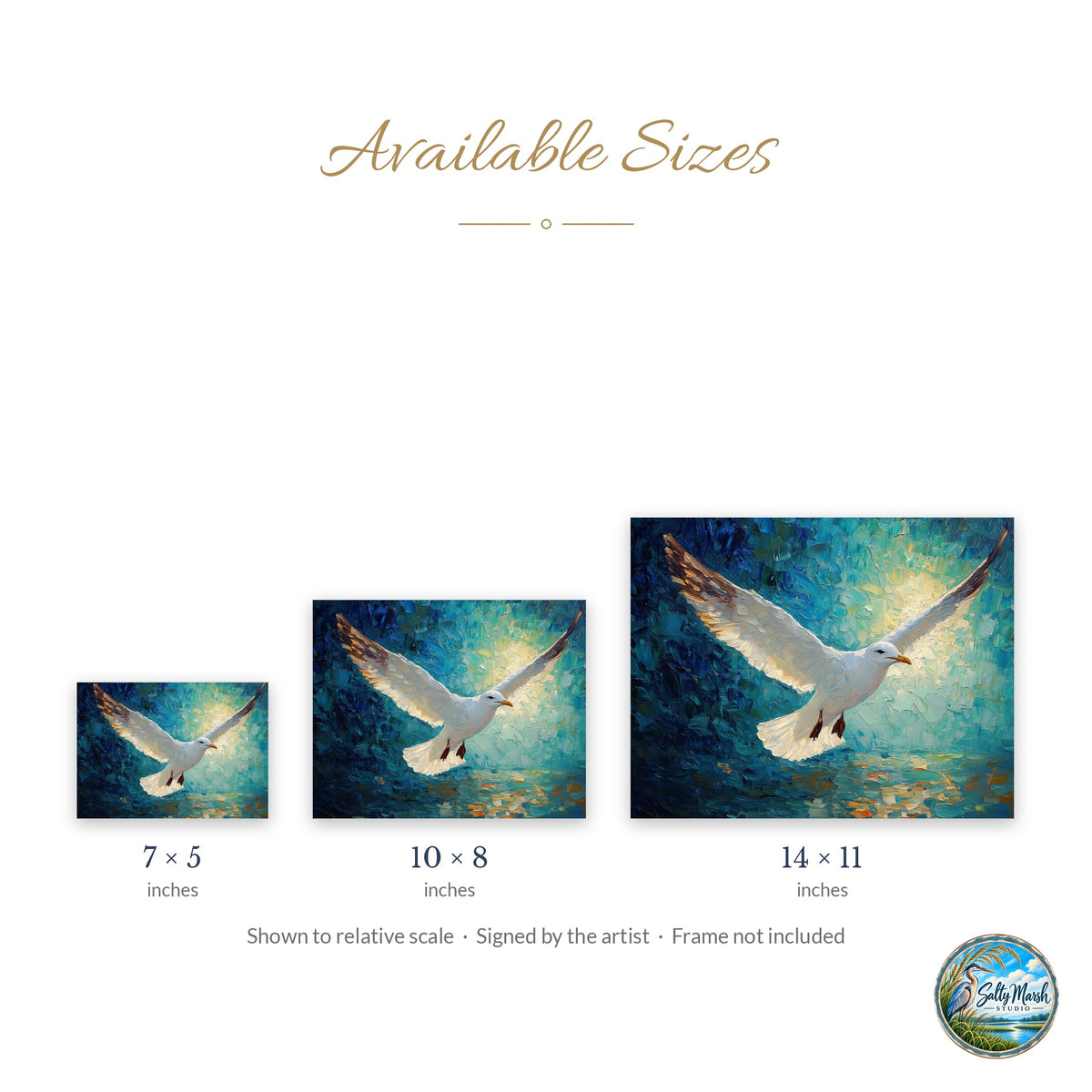 Seagull Flight art print size guide: 5x7, 8x10 and 11x14