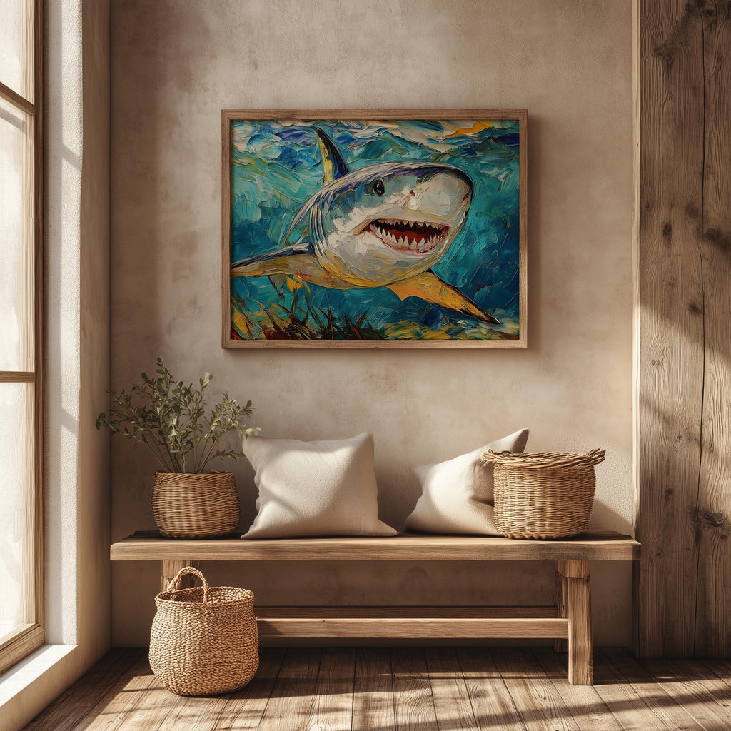 Bold Shark animal art print shown in a room setting