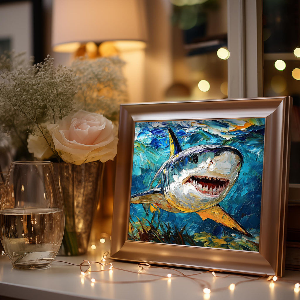 Bold Shark animal art print shown in a room setting
