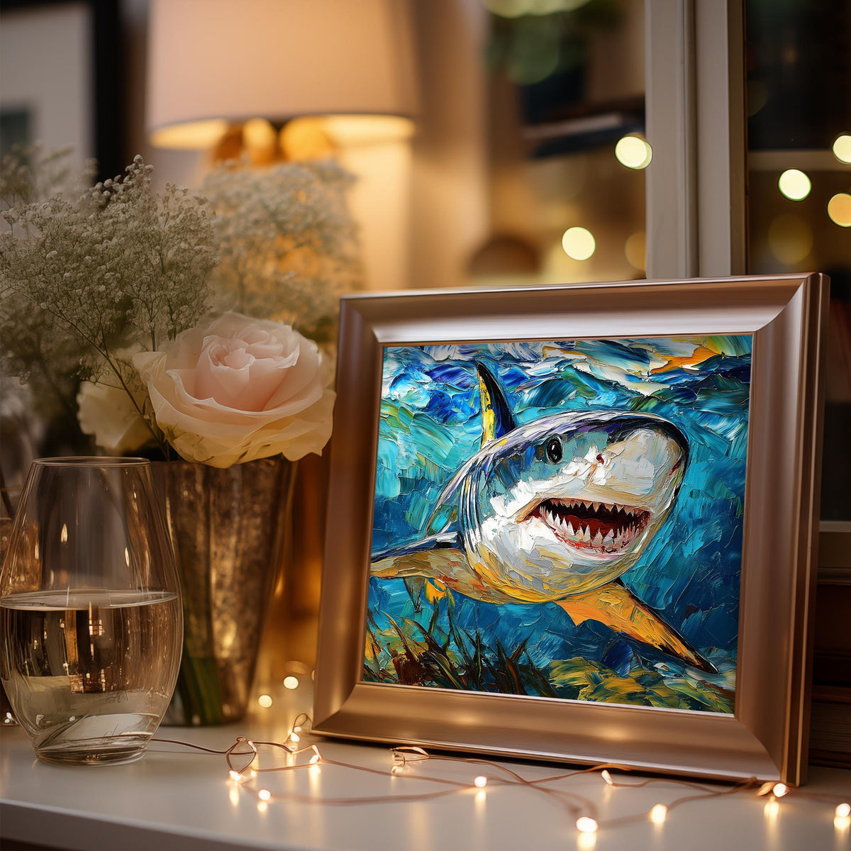 Bold Shark animal art print shown in a room setting
